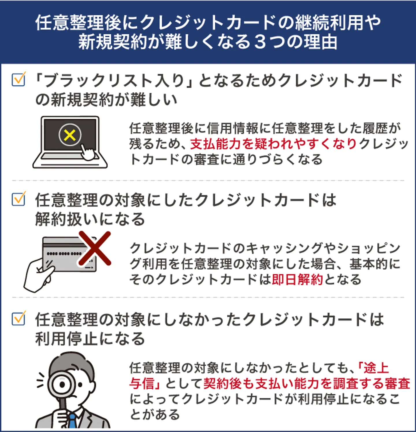 任意整理後にクレジットカードの継続利用や 新規契約が難しくなる3つの理由